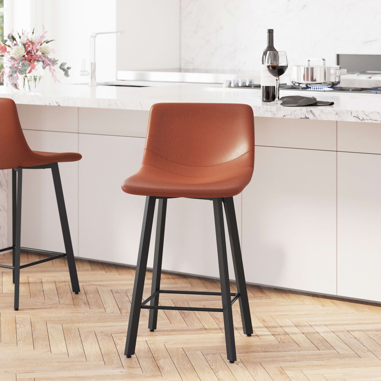 Merrick Lane Oretha Set of 2 Modern Upholstered Stools with Contoured, Low Back Bucket Seats and Iron Frames